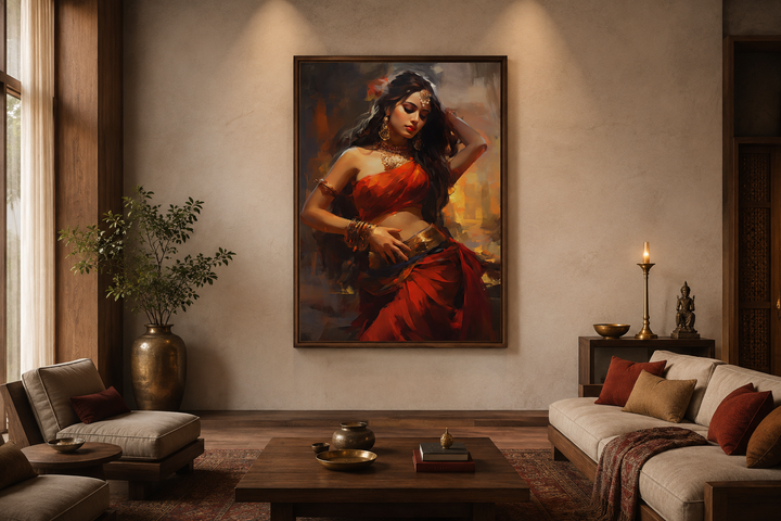 Framed canvas wall art of an Indian woman in a red sari performing a traditional folk dance.