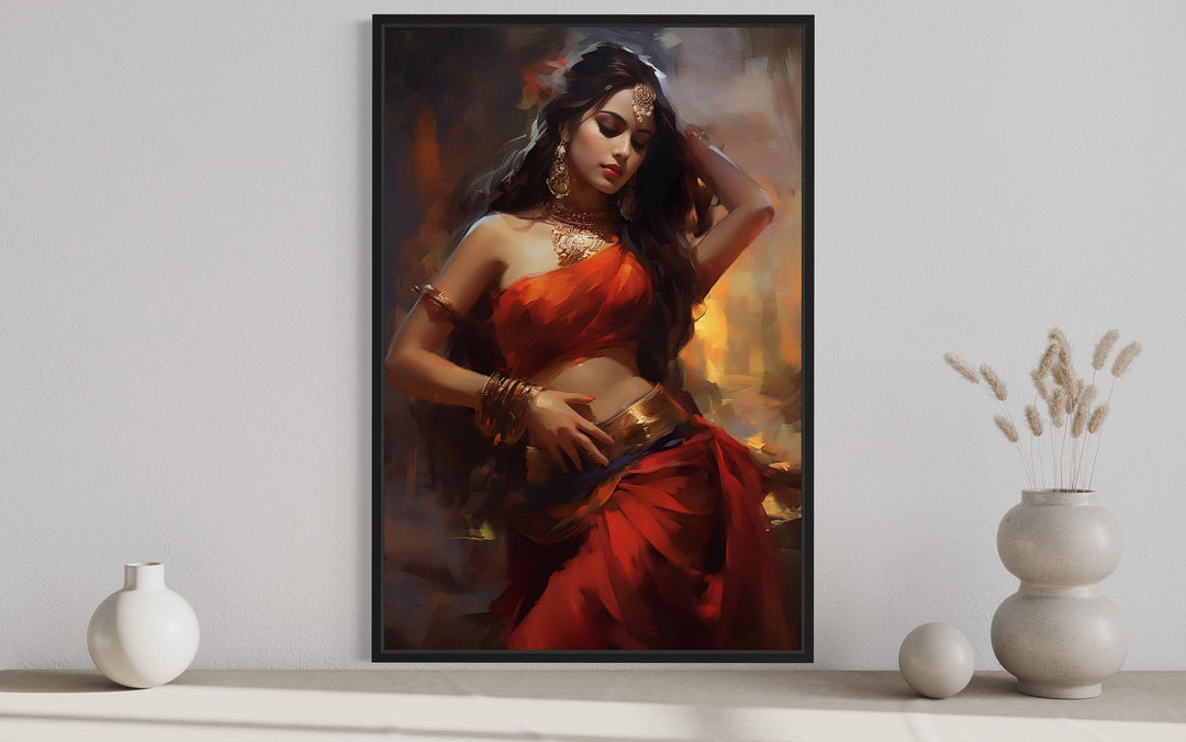 Indian Woman Dancing Traditional Folk Dance Framed Canvas Wall Art