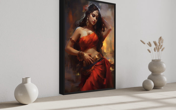 Indian Woman Dancing Traditional Folk Dance Framed Canvas Wall Art