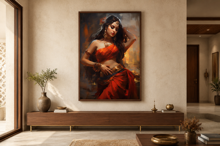 Framed canvas wall art of an Indian woman in a red sari performing a traditional folk dance.