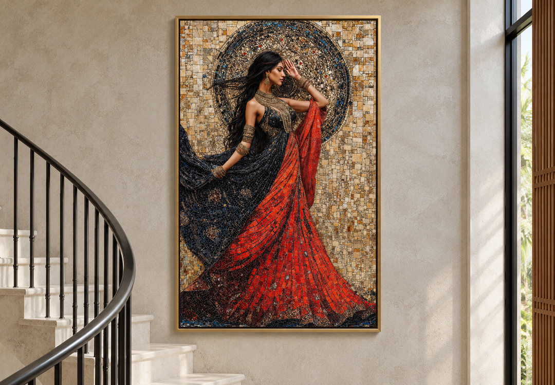 Indian woman dancing framed canvas wall art in a mosaic style, hanging on a neutral staircase wall.