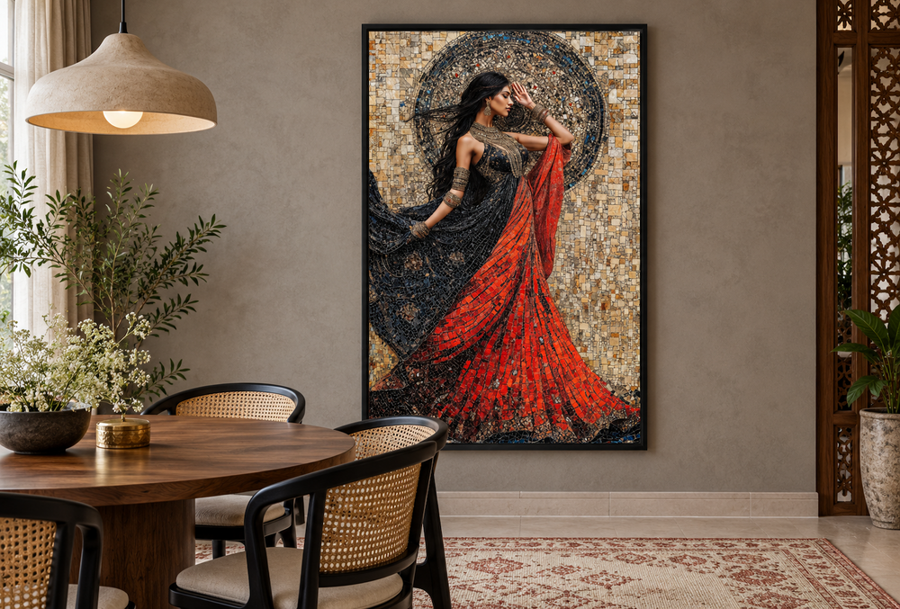 Framed mosaic-style canvas art of an Indian woman dancing in a red and black dress on a beige wall.