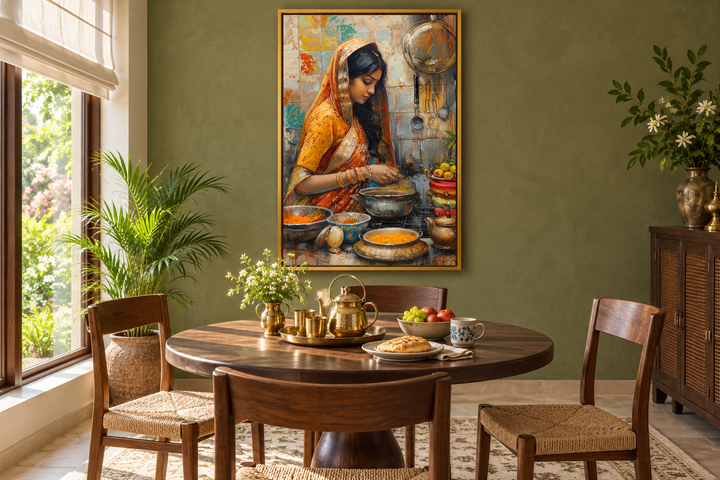 Indian woman cooking kitchen canvas wall art in a gold frame above a wooden dining table.