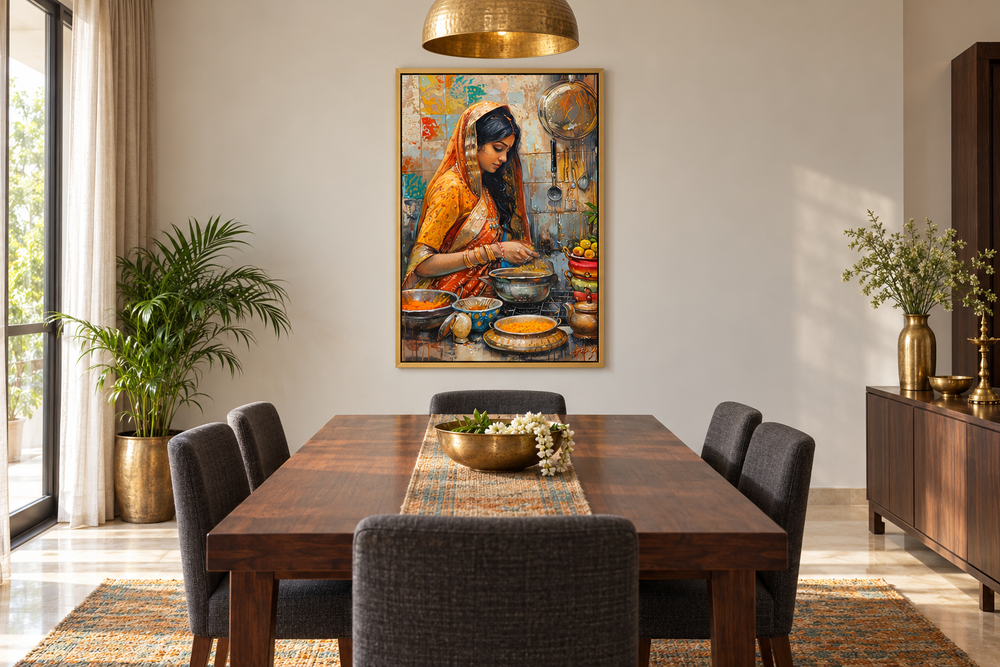 Indian woman cooking kitchen canvas wall art in a gold frame above a wooden dining table.