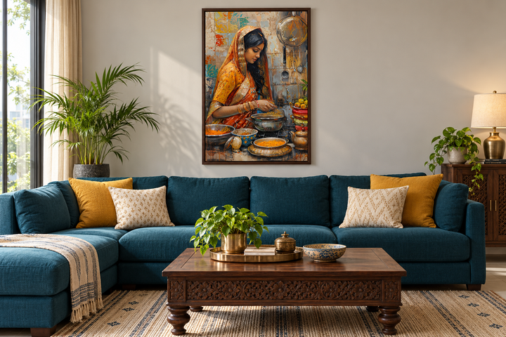 Indian woman cooking kitchen canvas wall art in a walnut frame above a blue sectional sofa.