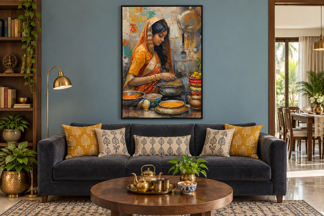 Framed canvas wall art of an Indian woman cooking in a kitchen, hung above a dark blue sofa.