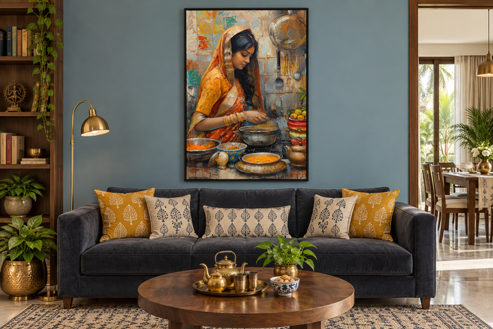 Framed canvas wall art of an Indian woman cooking in a kitchen, hung above a dark blue sofa.
