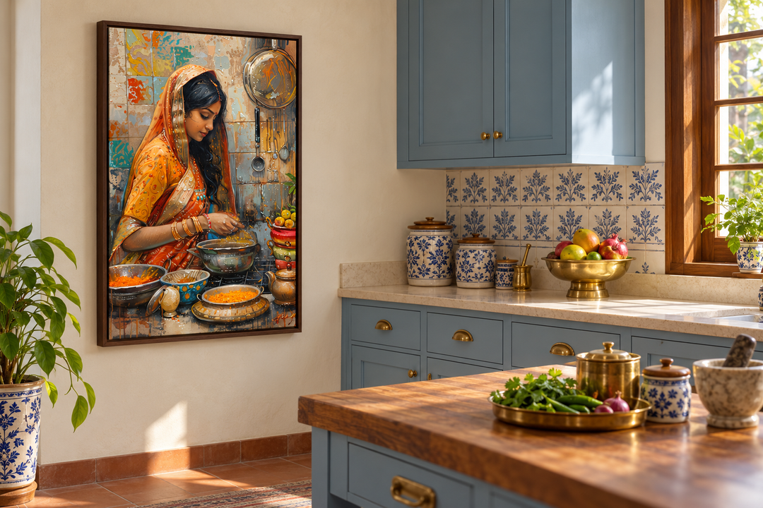 Framed canvas wall art of an Indian woman cooking in a kitchen, hanging in a blue-themed kitchen.