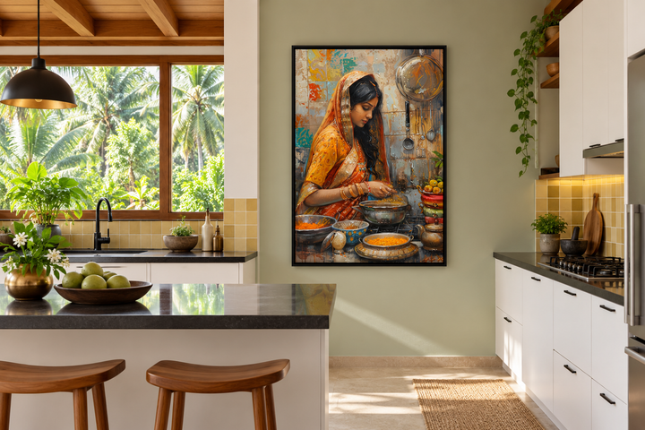 Indian woman cooking canvas wall art in a black frame, hanging in a modern kitchen setting.