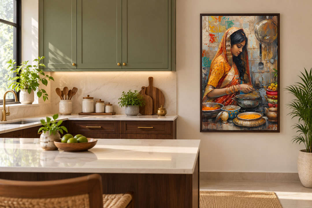 Indian woman cooking canvas wall art in a walnut frame, hanging in a modern green and wood kitchen.