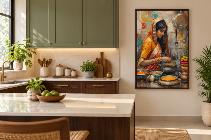 Indian woman cooking canvas wall art in a walnut frame, hanging in a modern green and wood kitchen.