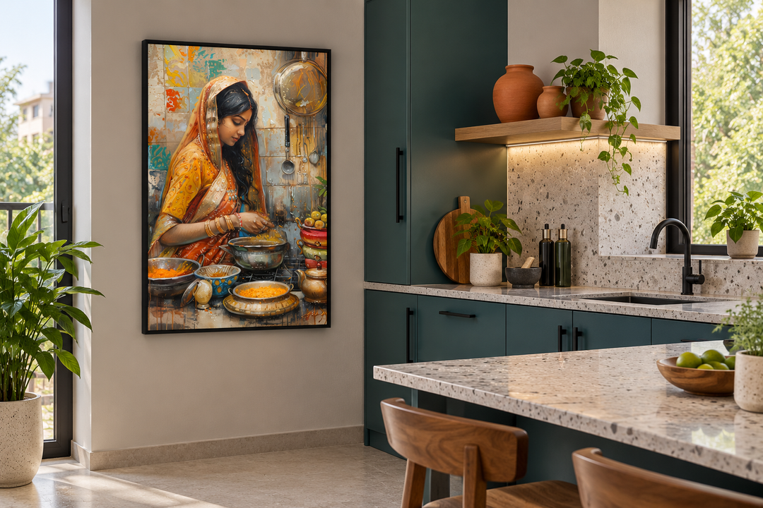 Indian woman cooking canvas wall art in a black frame, hung in a modern teal and marble kitchen.