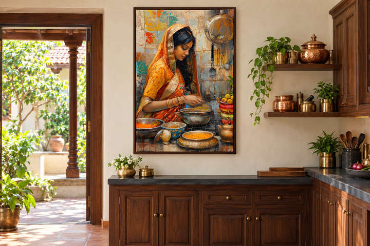 Indian woman cooking canvas wall art in a walnut frame, displayed in a warm, rustic kitchen.