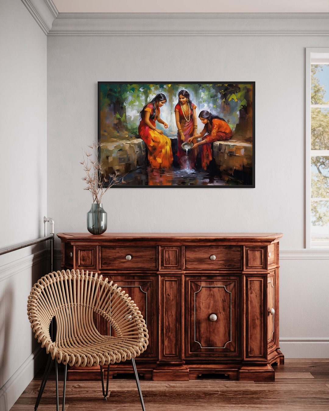 Indian Women At The Well Traditional Framed Canvas Wall Art