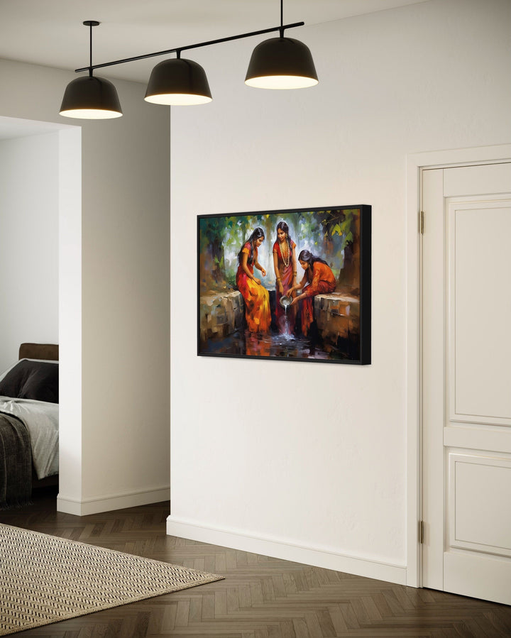 Indian Women At The Well Traditional Framed Canvas Wall Art