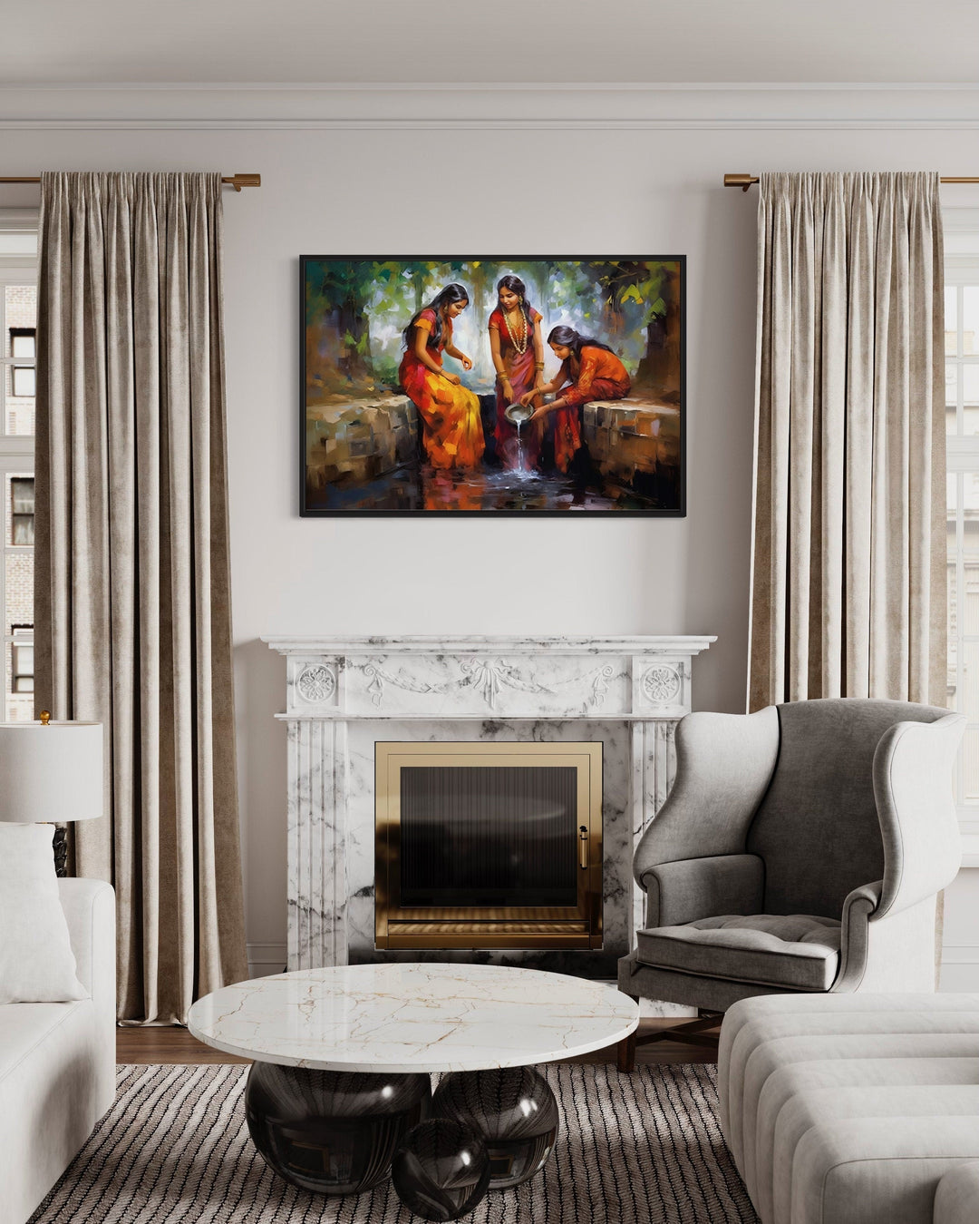 Indian Women At The Well Traditional Framed Canvas Wall Art