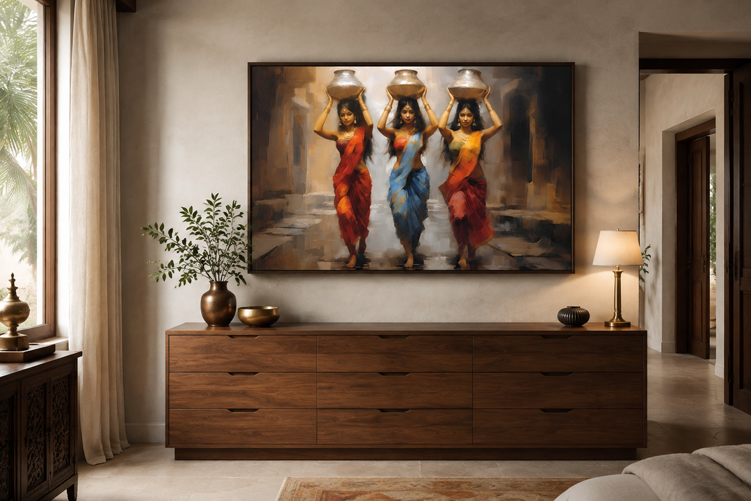 Framed canvas wall art of three Indian women in colorful saris carrying water pots on their heads.