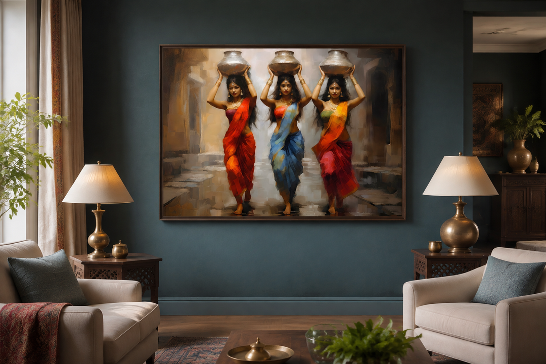 Framed canvas wall art of three Indian women in vibrant saris carrying water pots on their heads.