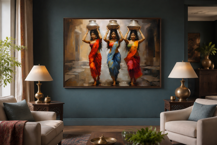Framed canvas wall art of three Indian women in vibrant saris carrying water pots on their heads.