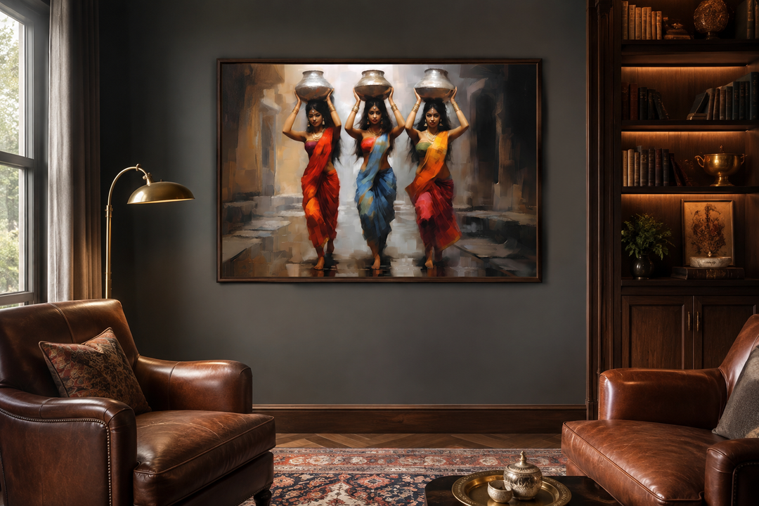 Framed canvas wall art of three Indian women in vibrant saris carrying water pots on their heads.