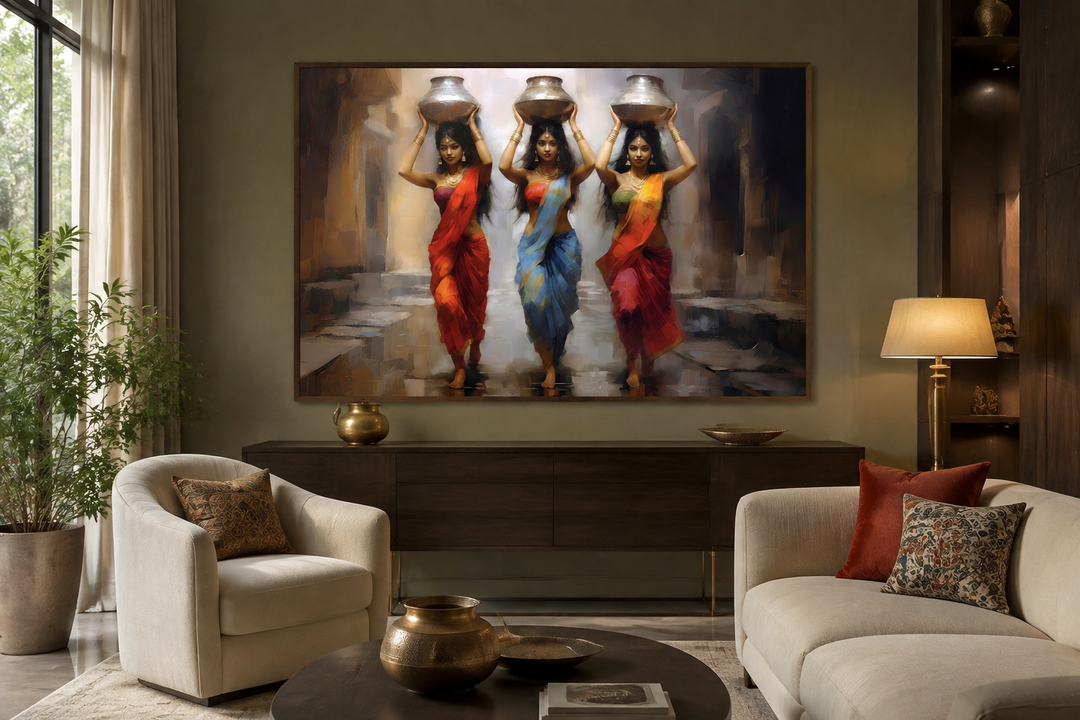 Indian women head carrying water pots framed canvas wall art in a modern living room setting.