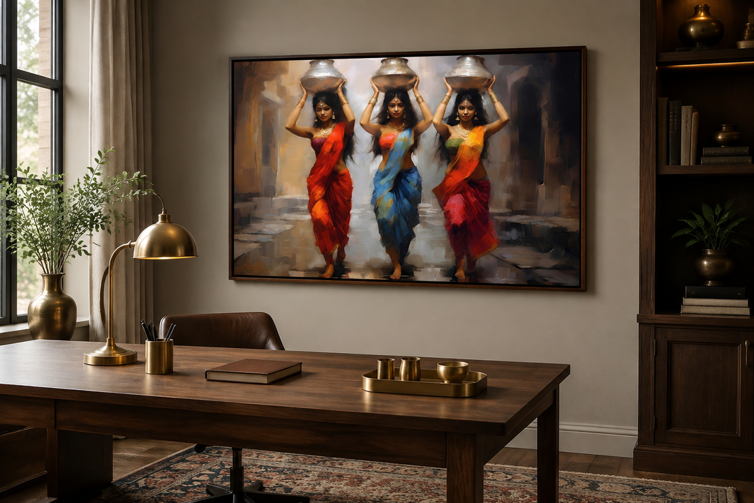 Framed canvas wall art of three Indian women in colorful saris carrying water pots on their heads.