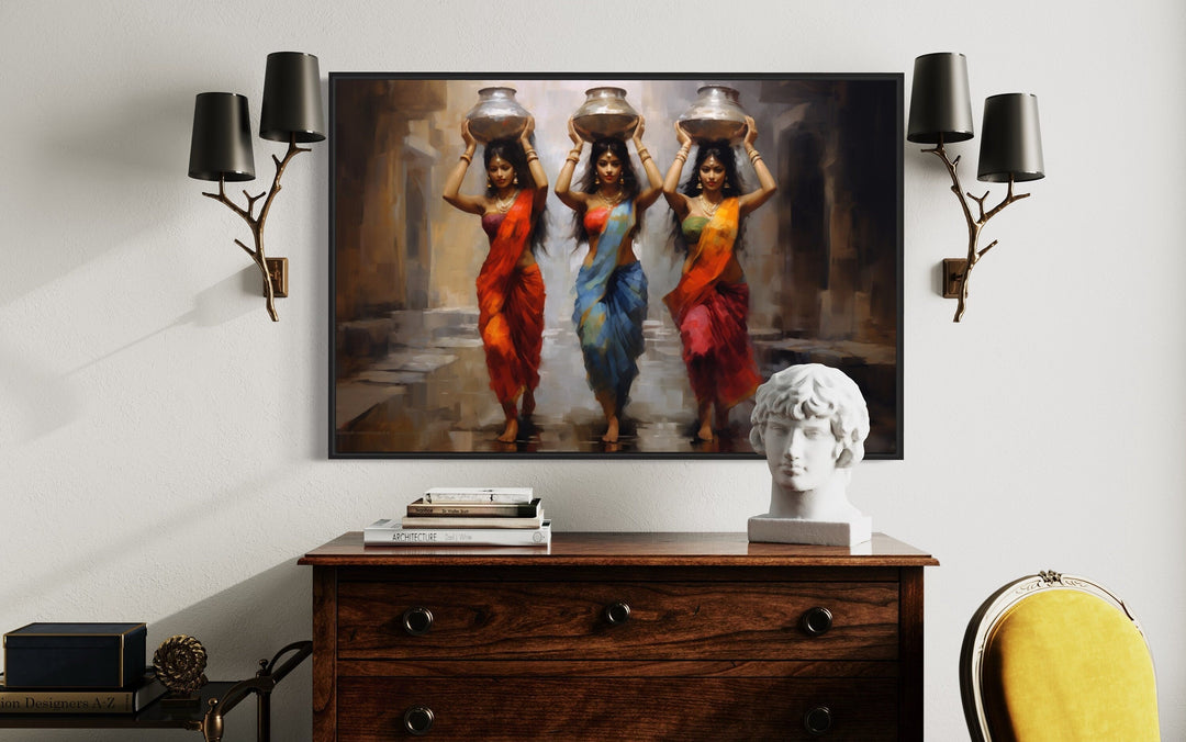 Indian Women Head Carrying Water Pots Framed Canvas Wall Art