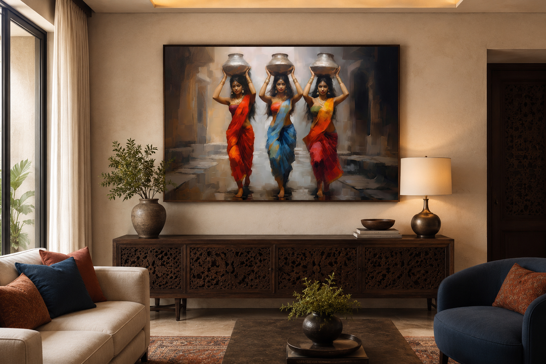 Framed canvas wall art of three Indian women in vibrant saris carrying water pots on their heads.