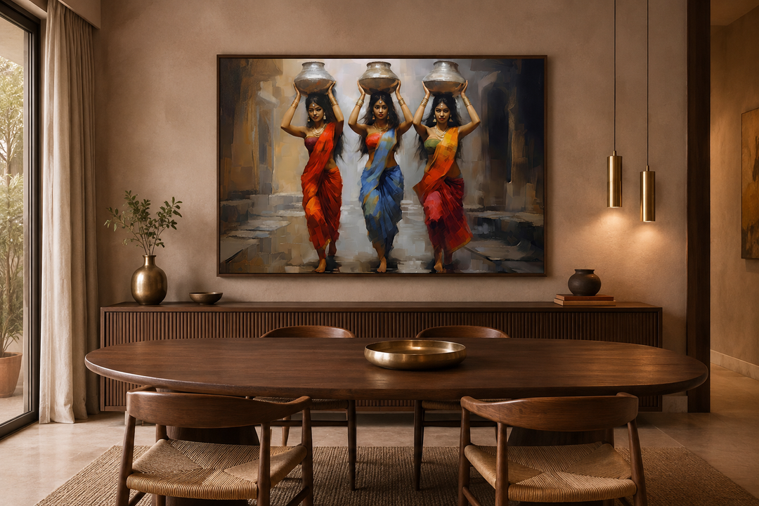 Framed canvas wall art of three Indian women in colorful saris carrying water pots on their heads.