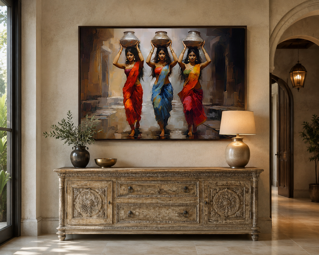 Framed canvas wall art of three Indian women in vibrant saris carrying water pots on their heads.