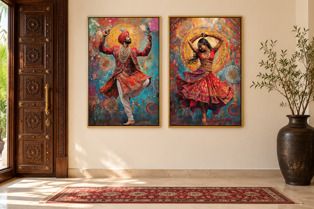 Two vertical framed canvas prints of a man and woman in traditional Indian dance poses.
