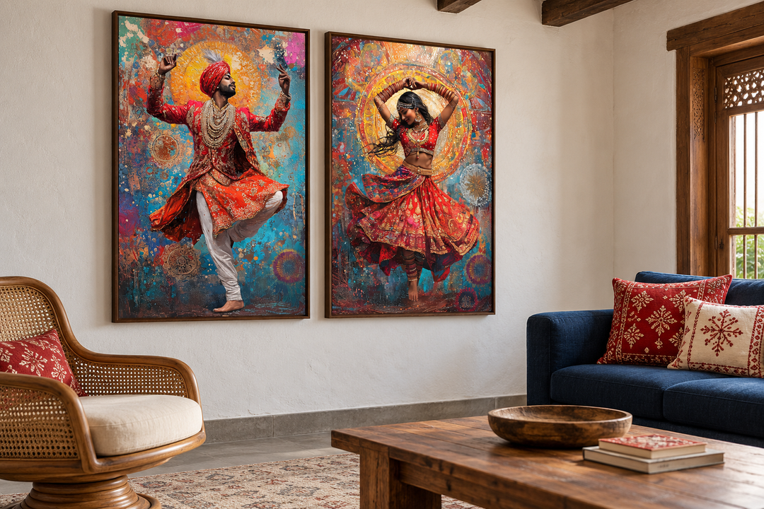 Two framed canvas prints of an Indian man and woman dancing in vibrant traditional attire.