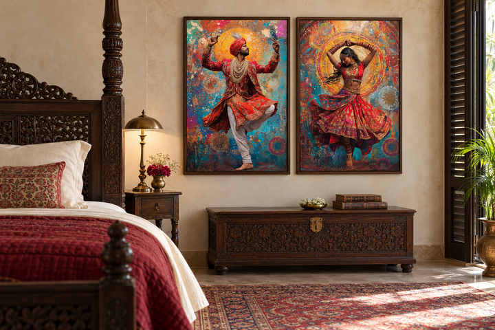 Set of two framed canvas prints featuring an Indian man and woman in traditional dance poses.