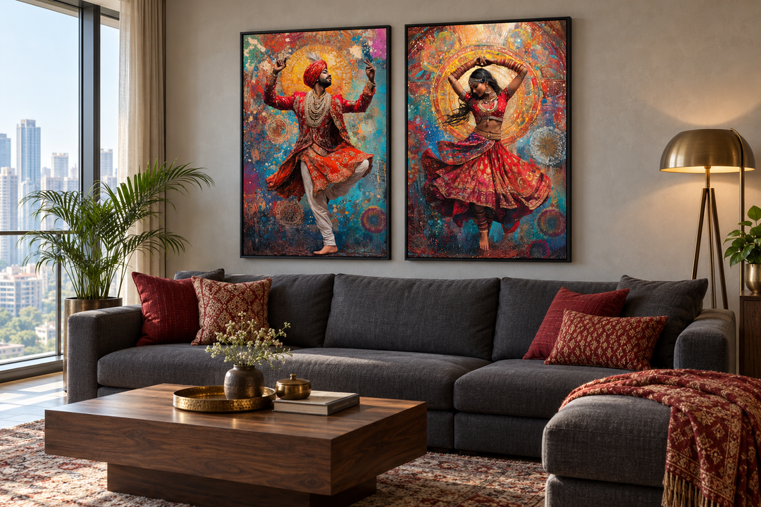 Two framed canvas prints of an Indian man and woman dancing in vibrant traditional attire.