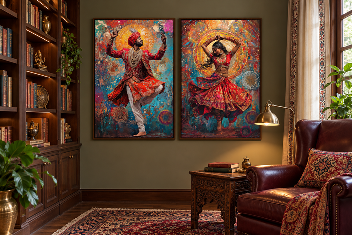 Set of two framed canvas prints featuring an Indian man and woman in traditional dance poses.