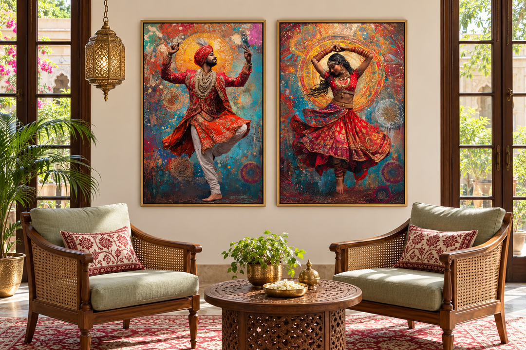 Two framed canvas prints of an Indian man and woman dancing in vibrant, colorful traditional attire.