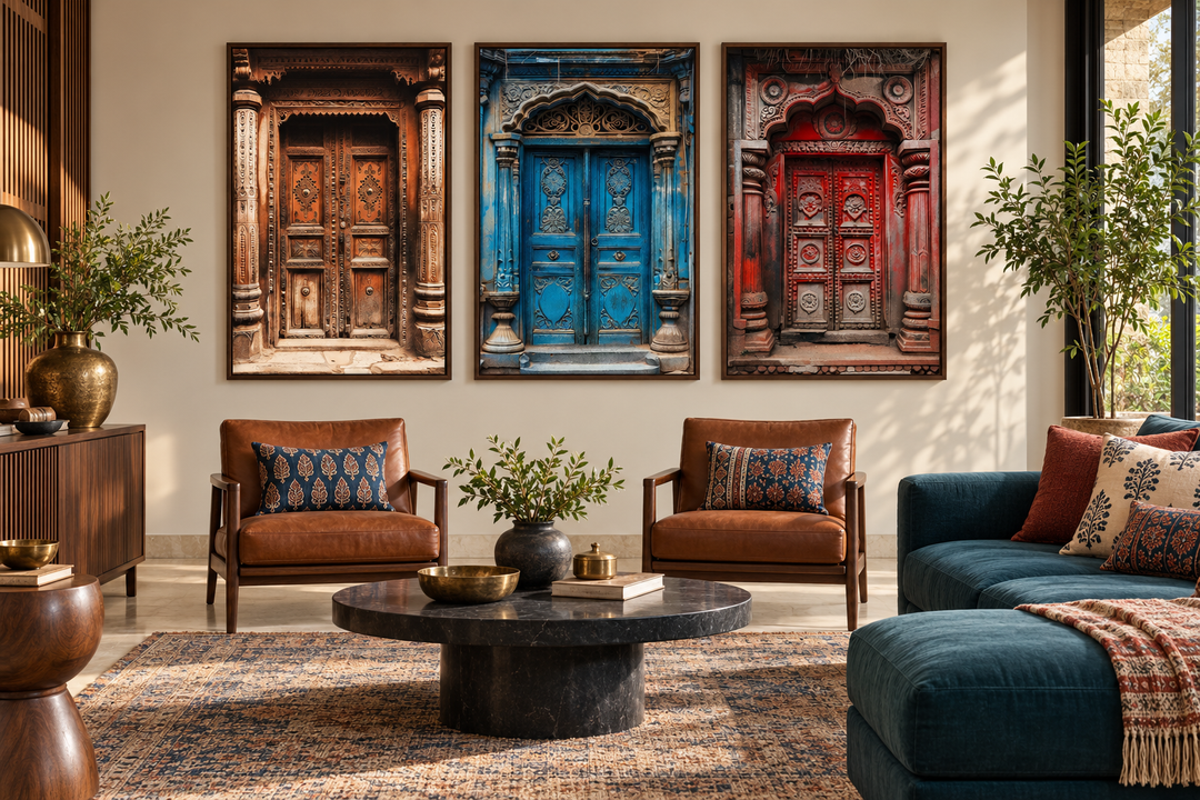 Set of three framed canvas prints featuring intricately carved brown, blue, and red Indian doors.