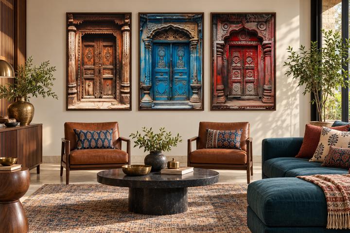 Set of three framed canvas prints featuring intricately carved brown, blue, and red Indian doors.