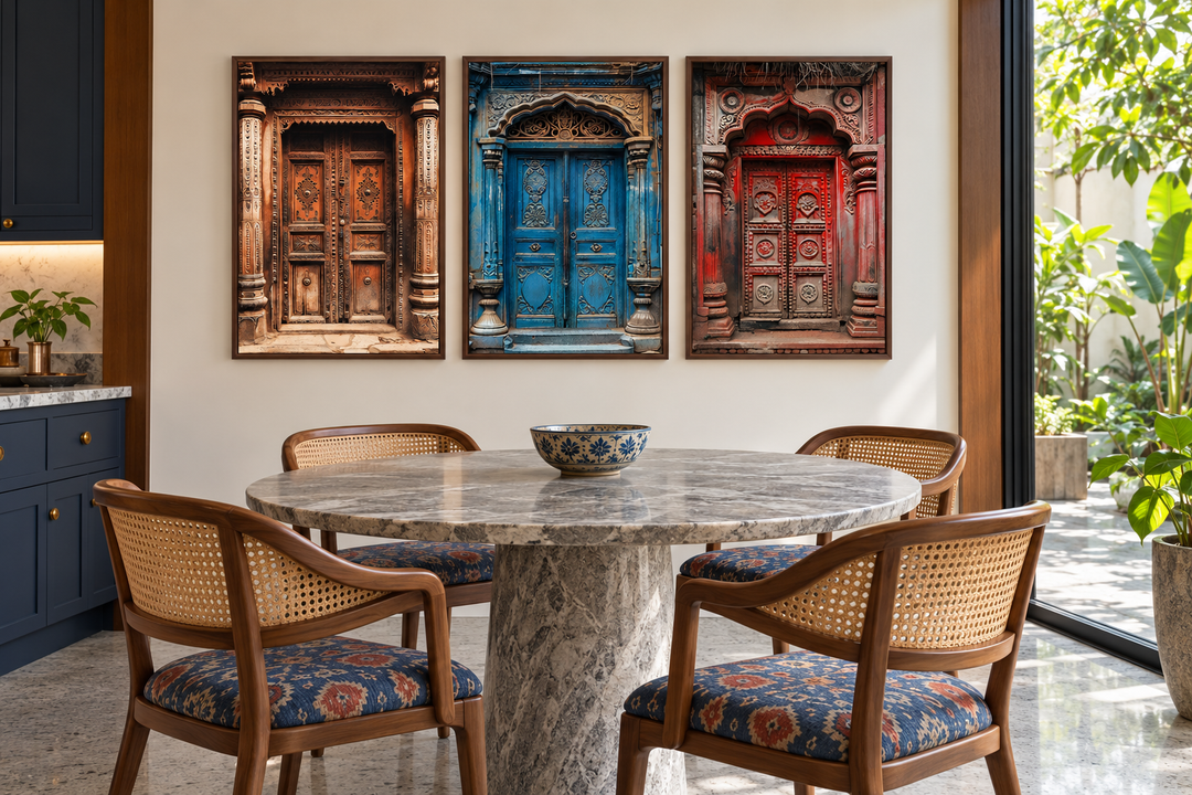 Set of three framed canvas prints featuring colorful, intricately carved traditional Indian doors.