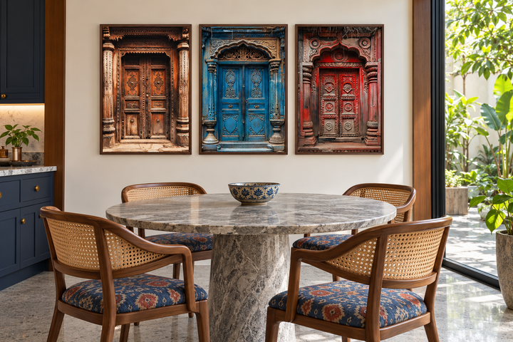 Set of three framed canvas prints featuring colorful, intricately carved traditional Indian doors.