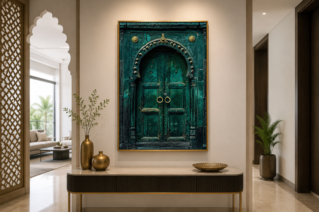 Rustic teal turquoise green vintage Indian door canvas wall art in a gold frame above a console.