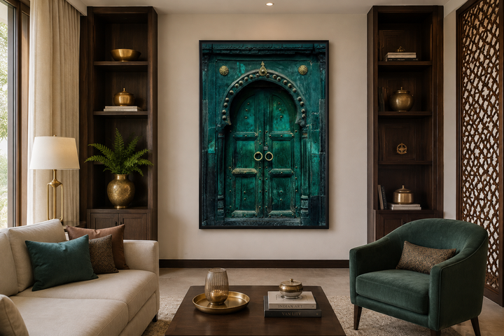 Rustic teal turquoise green vintage Indian door canvas wall art in a modern living room setting.