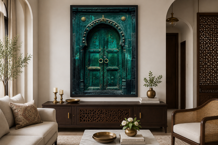 Rustic teal and turquoise vintage Indian door canvas wall art in a modern living room setting.