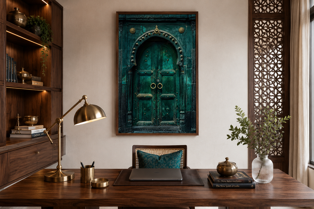 Rustic teal turquoise green vintage Indian door canvas wall art hanging in a home office.