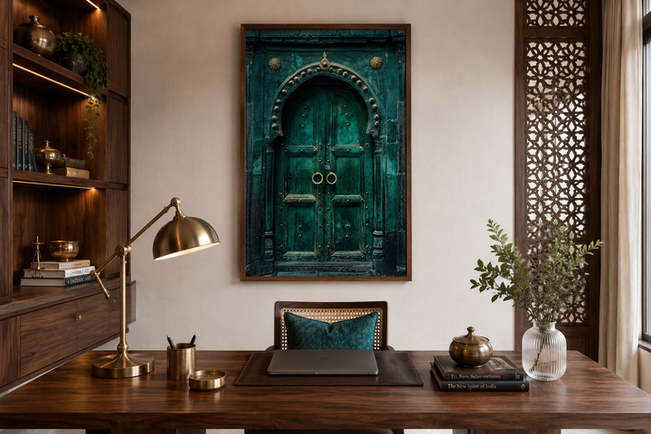 Rustic teal turquoise green vintage Indian door canvas wall art hanging in a home office.