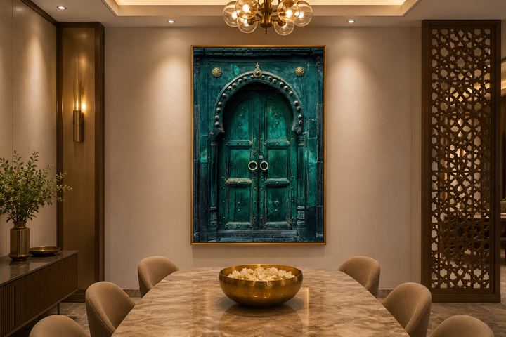 Rustic teal turquoise green vintage Indian door canvas wall art in a modern dining room.