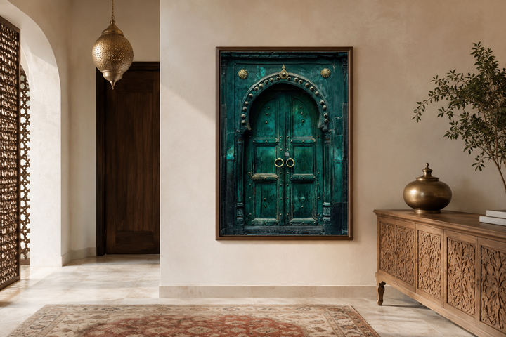 Rustic teal turquoise vintage Indian door canvas wall art in a wooden frame on a neutral wall.