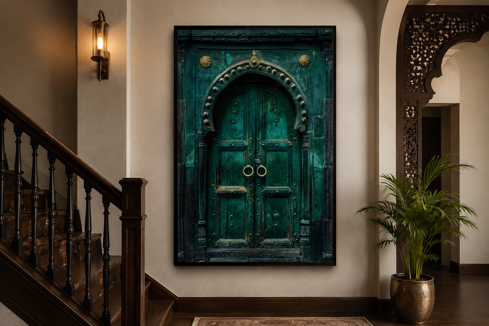 Rustic teal and turquoise vintage Indian door canvas wall art hanging in a home interior.