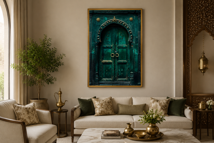 Rustic teal turquoise green vintage Indian door canvas wall art hanging above a cream sofa.