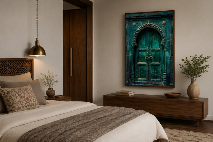 Rustic teal turquoise vintage Indian door canvas wall art hanging in a modern bedroom.